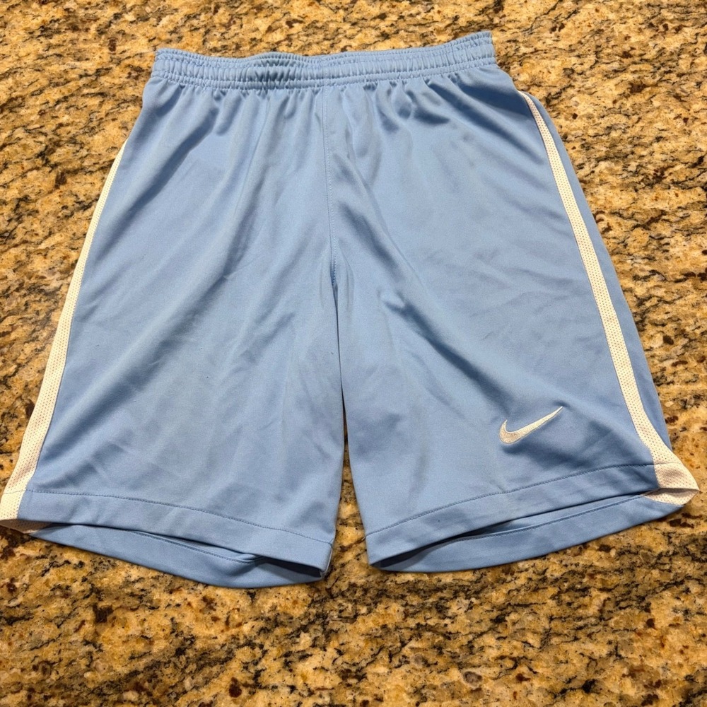 Nike Dri-FIT Soccer Shorts Boy XS Light Blue White Mesh Slim Fit Athletic Gym